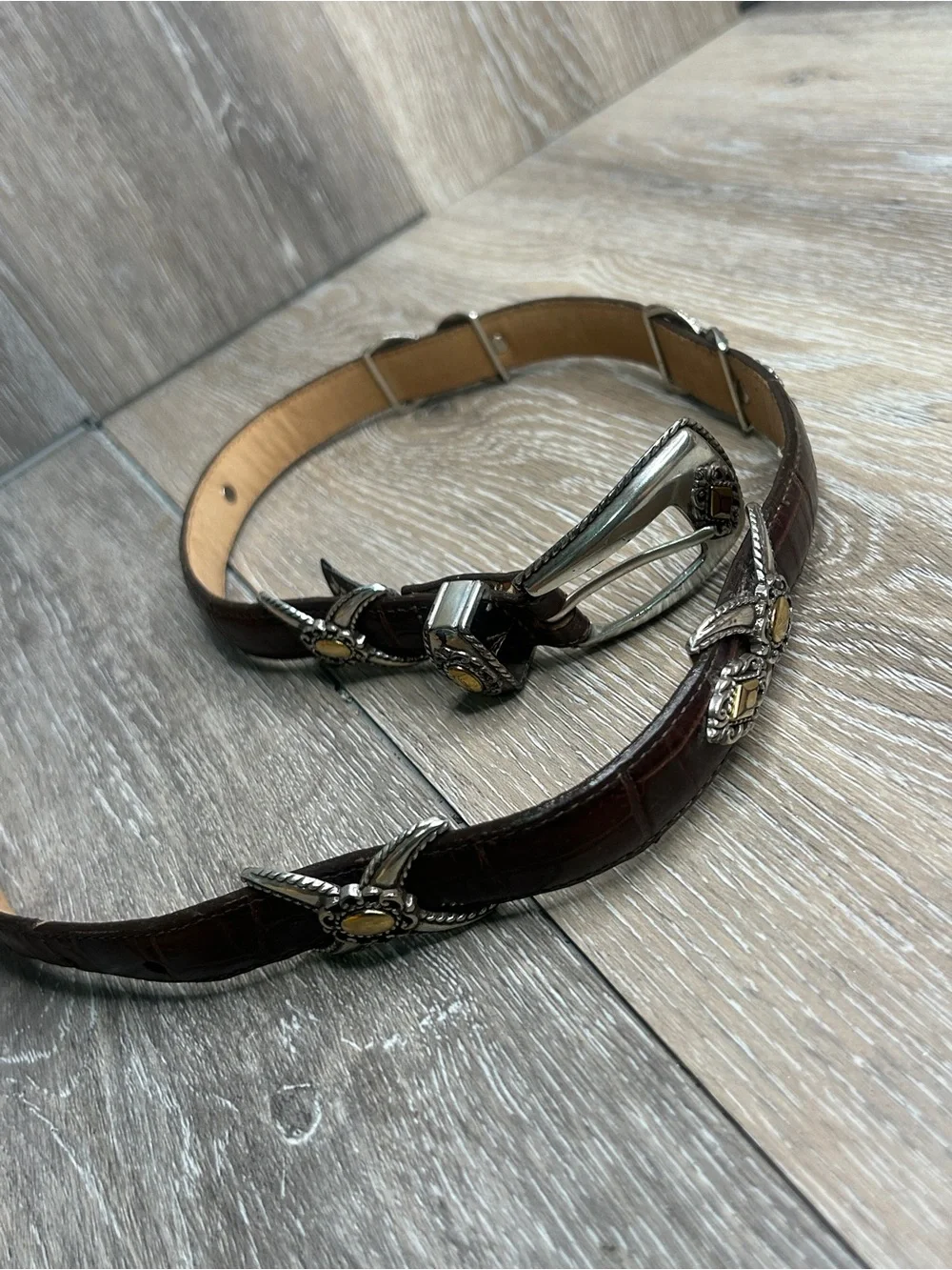 Brighton Brown Croc Embossed Leather Belt Silver Gold Two Tone Western Size 30